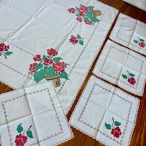 Vintage Hand Painted Tablecloth Napkin Set Red Flowers Cottage Style